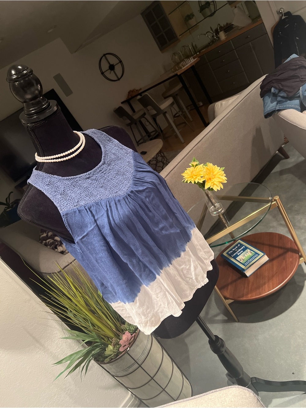 Buffalo David Bitton Blue and White Smocked Tiered Camisole